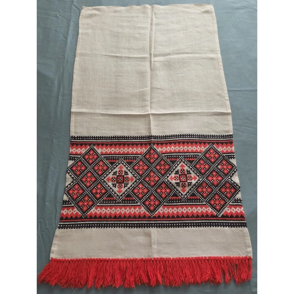 Vintage Ukrainian Rushnyk Embroidered Linen Towel, Red & Black Cross-Stitch Art